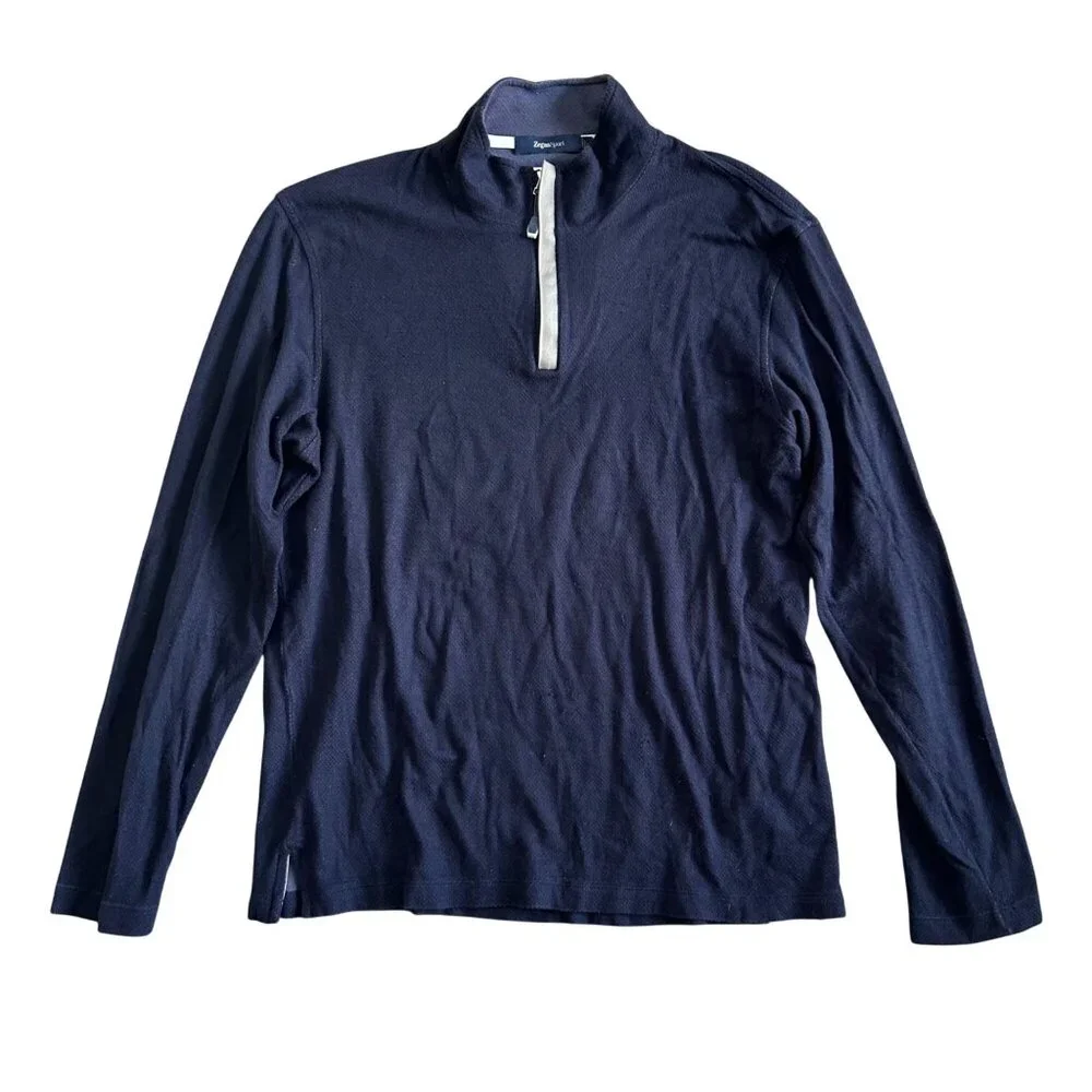 ZegnaSport Men's Sz L Navy 1/4 Zip Pullover Long Sleeve Shirt Cotton Blend